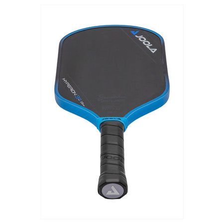 White background, product image of a JOOLA Hyperion 3S Simone Jardim pickleball paddle. Paddle is laying paddle face up and showing the JOOLA logo on the end cap of the paddle handle.