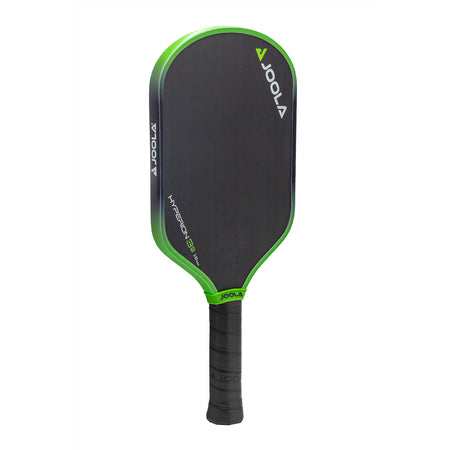 White background, product image of the JOOLA Ben Johns Hyperion 3S pickleball paddle. Black and green edge guard, black handle.