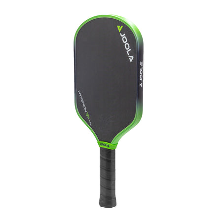 White background image, product image of the JOOLA Ben Johns Hyperion 3S pickleball paddle. Black handle, black paddle face with green and black paddle edge guard.