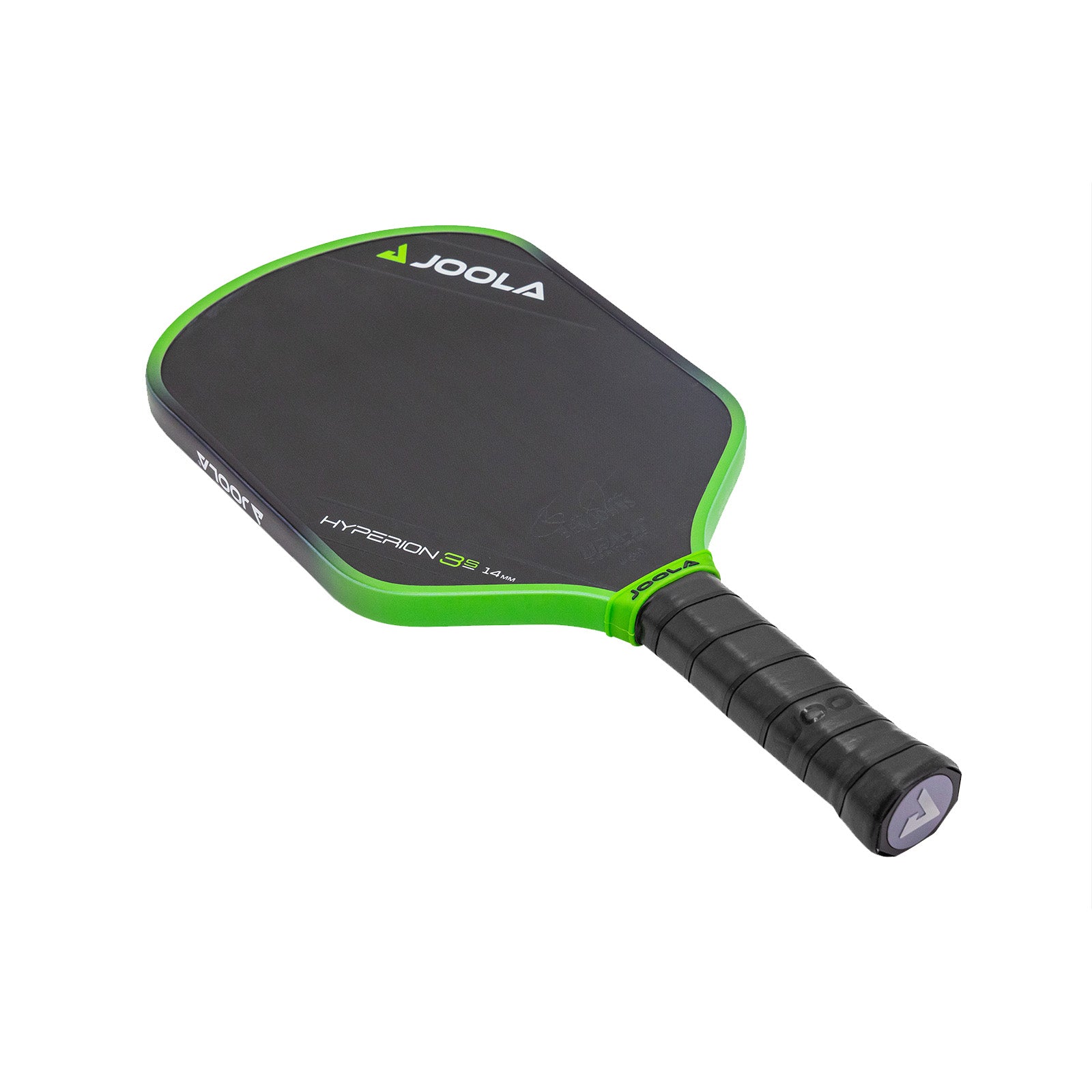 White background image, product image of the JOOLA Ben Johns Hyperion 3S pickleball paddle. Black handle, black paddle face with green and black paddle edge guard.