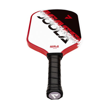 White background image, the limited edition Agassi x JOOLA pickleball paddle laying down flat showing off the black handle.