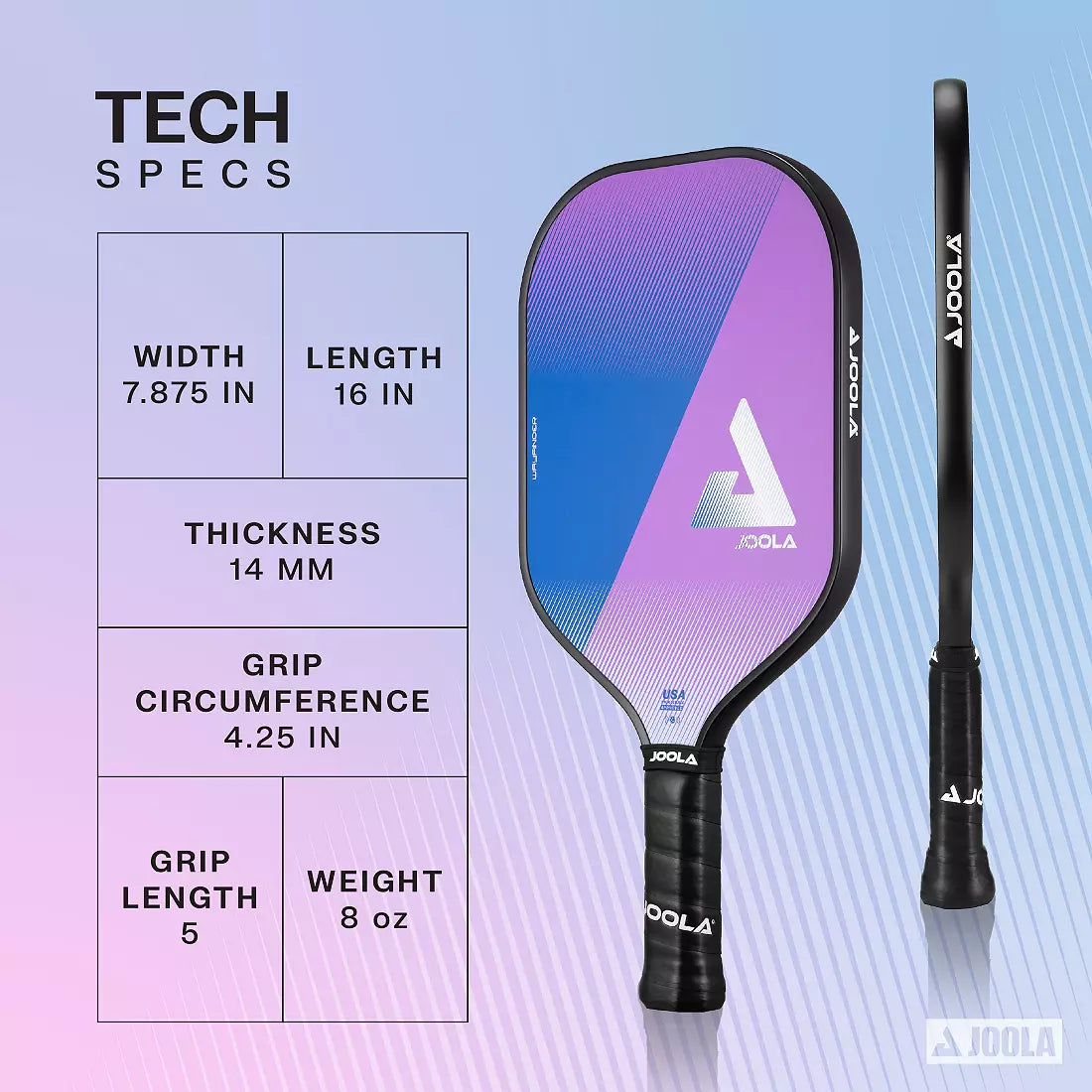Inforgraphic with the product specs for the JOOLA Purple Wayfinder pickleball paddle.