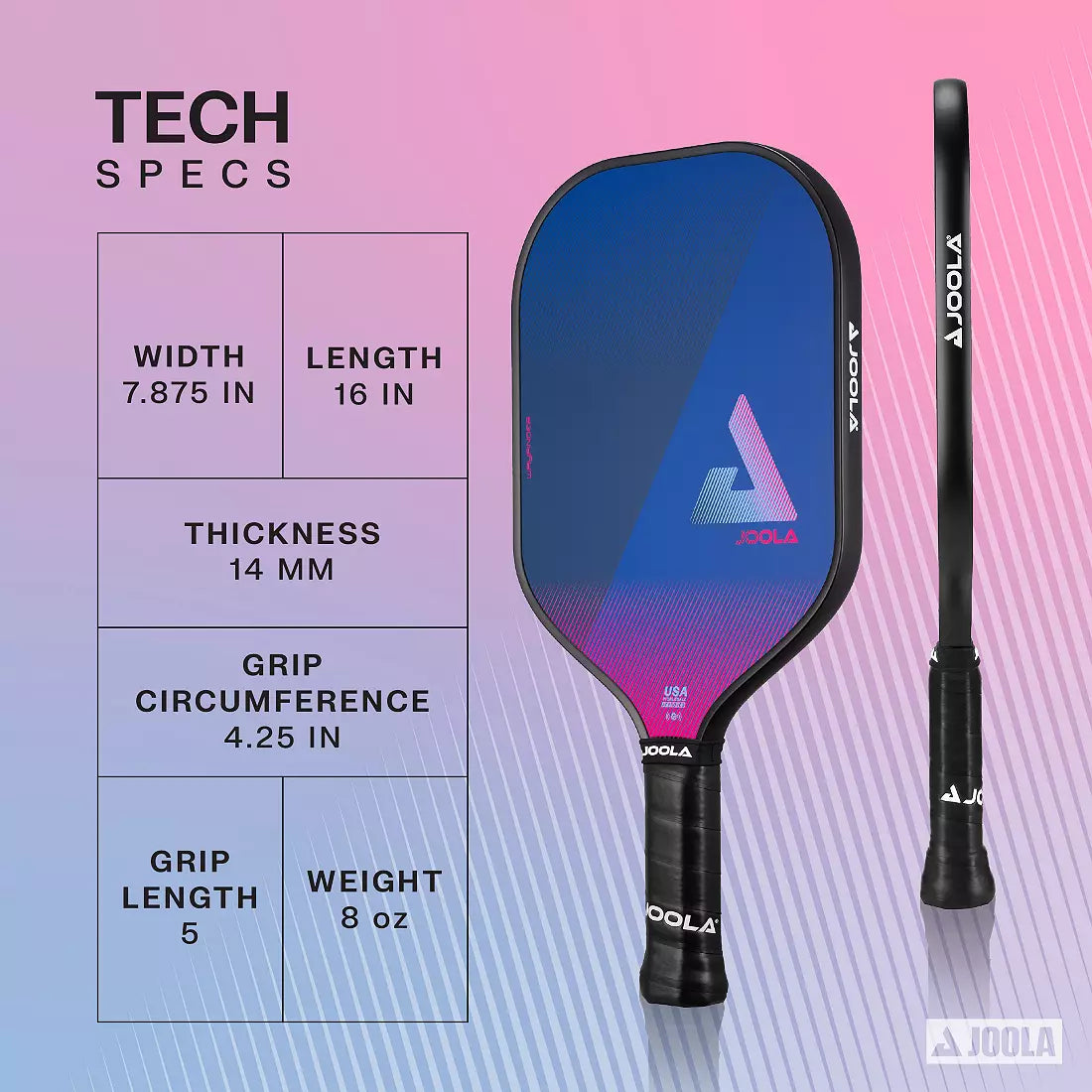 Infographic showing the Tech specs for the JOOLA Wayfinder pickleball paddle.