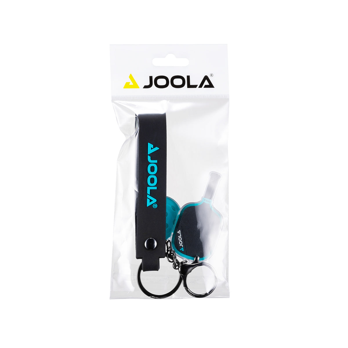 White background, product image of the JOOLA Ben Johns 3S paddle and ball keychain. Blue.