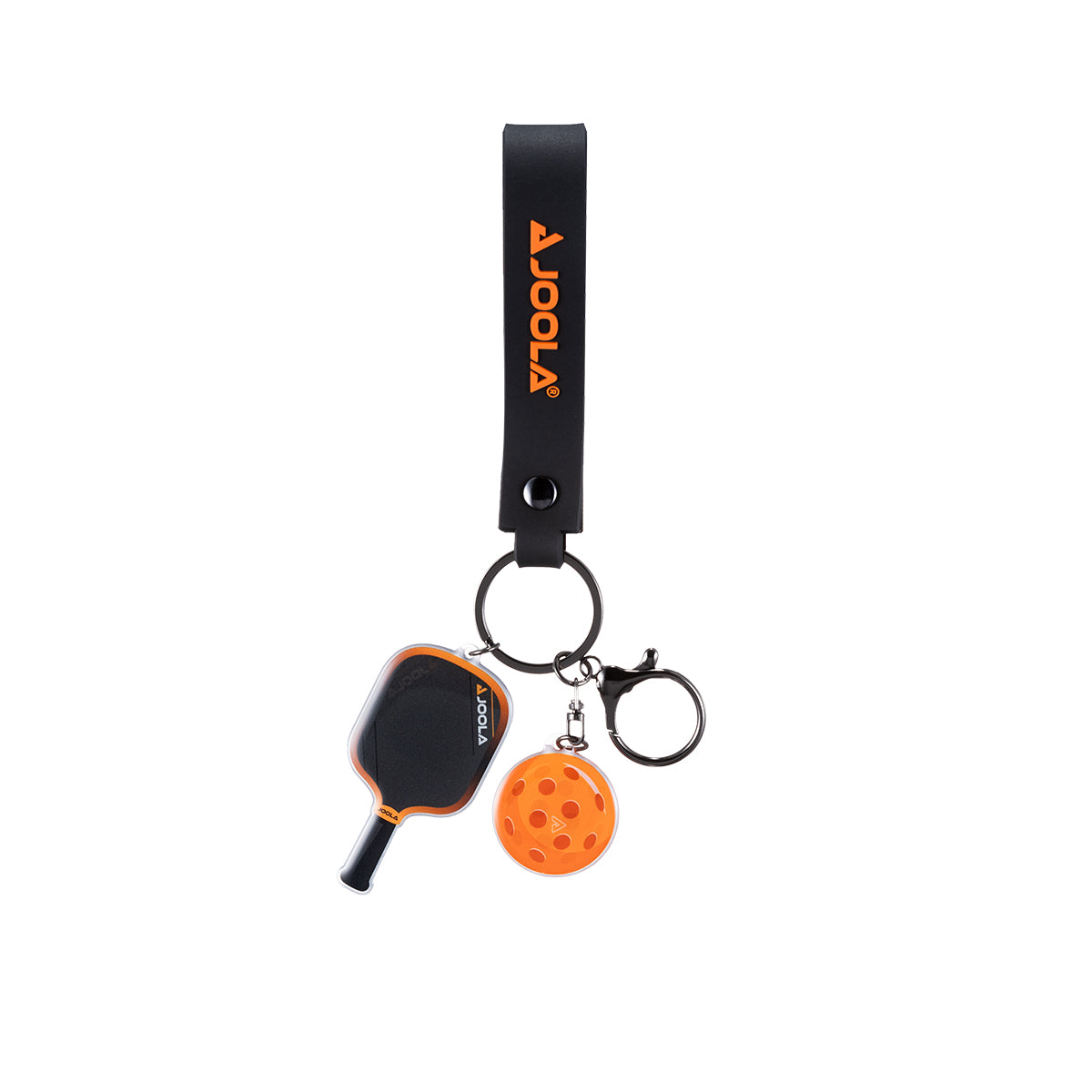 White background, product image of the JOOLA Collin Johns 3S paddle and ball keychain. Orange.