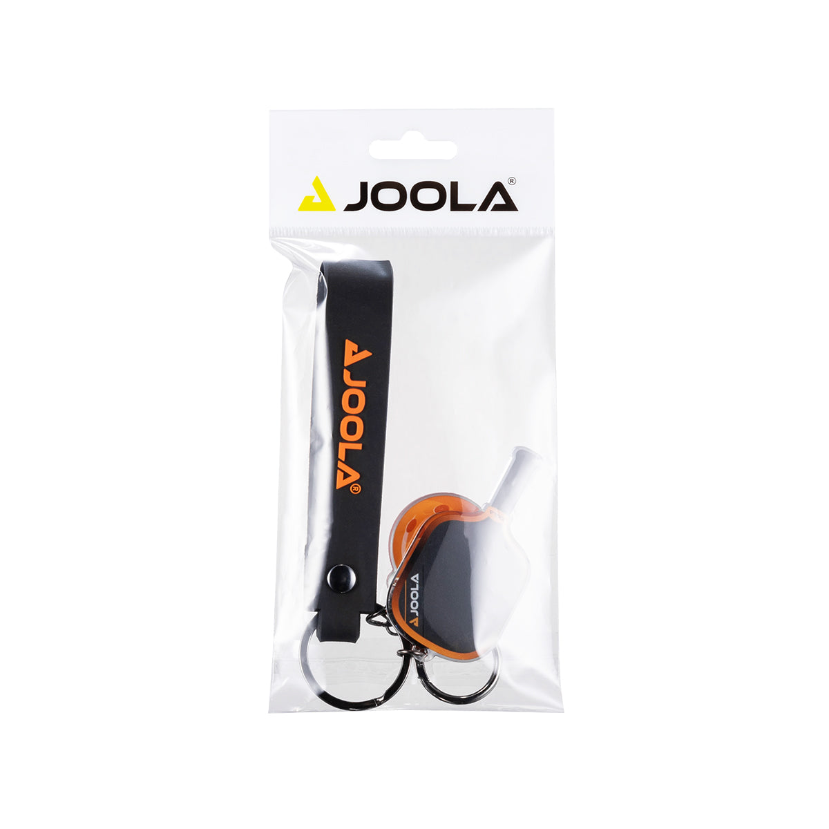 White background, product image of the JOOLA Collin Johns 3S paddle and ball keychain. Orange.