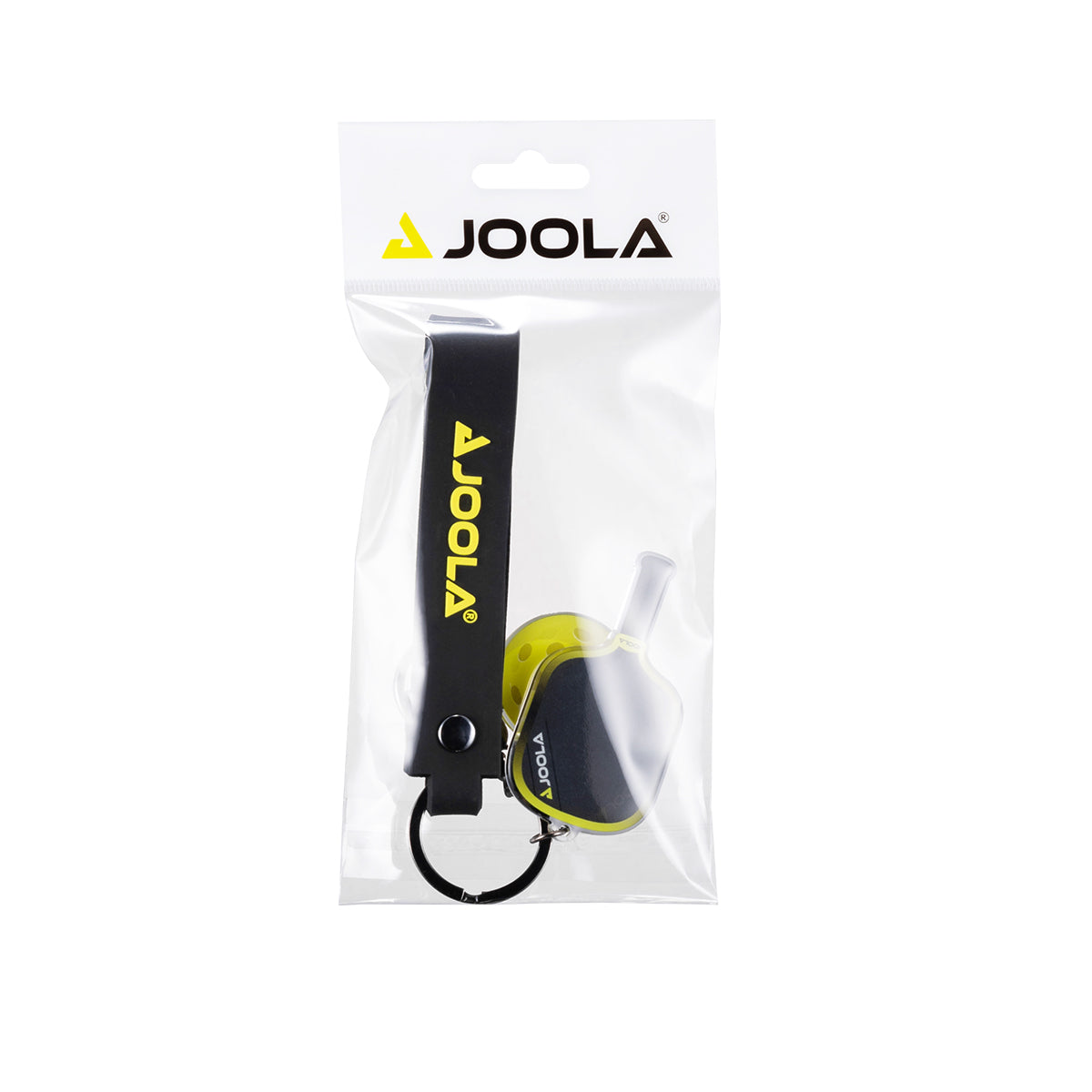 White background, product image of the JOOLA Anna Bright 3S paddle and ball keychain. Yellow.