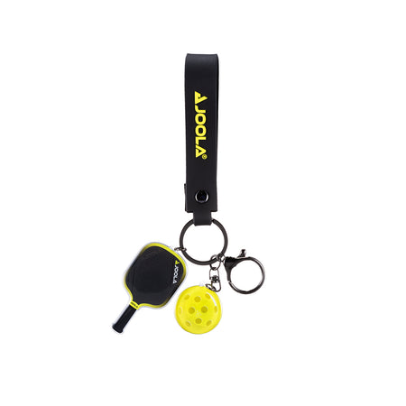 White background, product image of the JOOLA Anna Bright 3S paddle and ball keychain. Yellow.