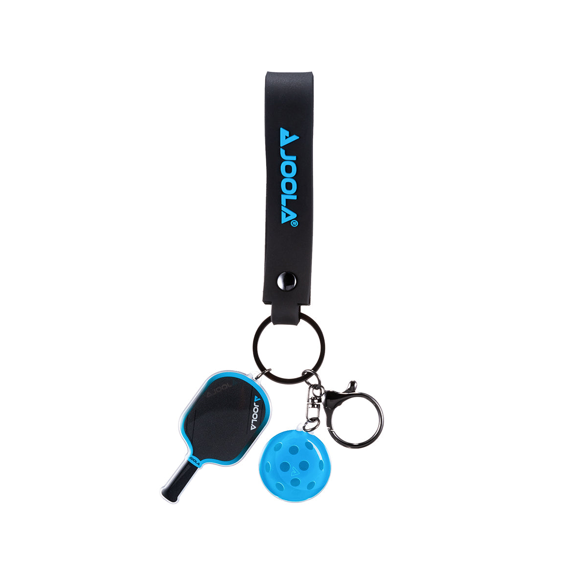 White background, product image of the JOOLA Simone Jardim 3S paddle and ball keychain. Blue.