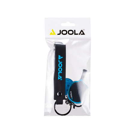 White background, product image of the JOOLA Simone Jardim 3S paddle and ball keychain. Blue.