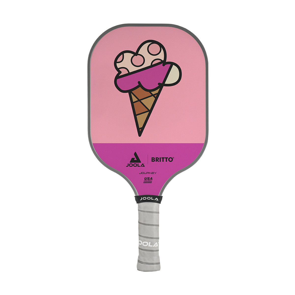 White Background Image: JOOLA x BRITTO paddle, grey handle, purple and pink paddle face with an image of an ice cream cone in the BRITTO art style.