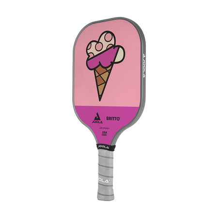 White Background Image: JOOLA x BRITTO paddle, grey handle, purple and pink paddle face with an image of an ice cream cone in the BRITTO art style.