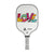 White Background Image: JOOLA x BRITTO paddle, grey handle, white paddle face with LOVE written in colorful BRITTO art style.