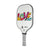 White Background Image: JOOLA x BRITTO paddle, grey handle, white paddle face with LOVE written in colorful BRITTO art style.