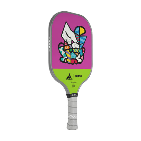 White Background Image: JOOLA x BRITTO paddle, grey handle, lime green and purple paddle face with an image of a cat in BRITTO art stye.