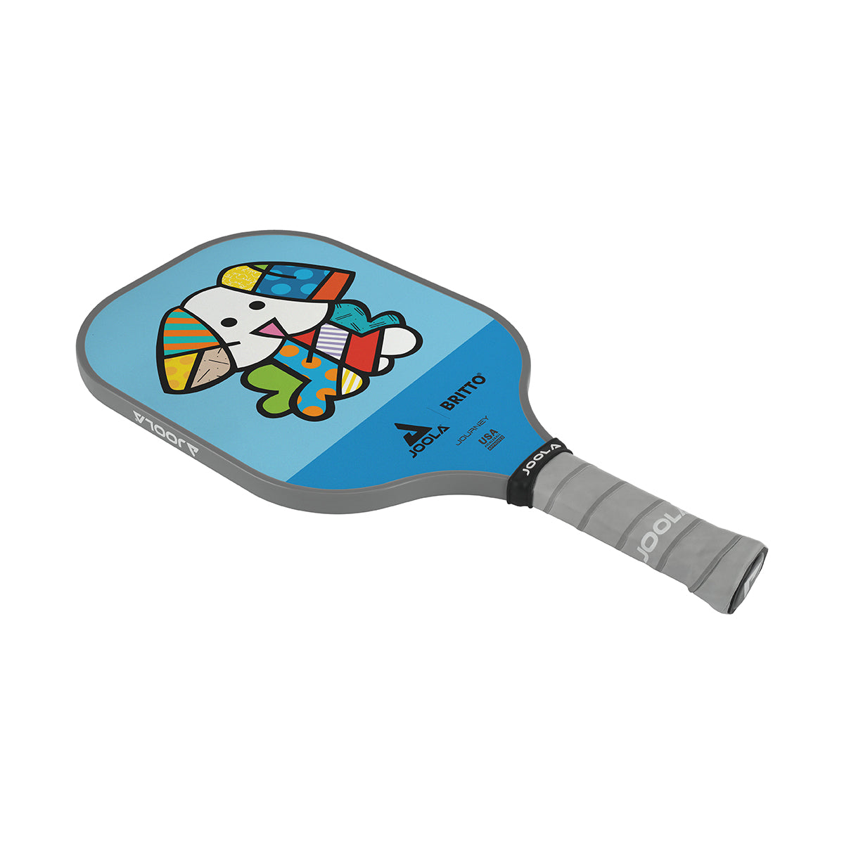 White Background Image: JOOLA x BRITTO paddle, grey handle, blue and light blue paddle face with an image of a dog.