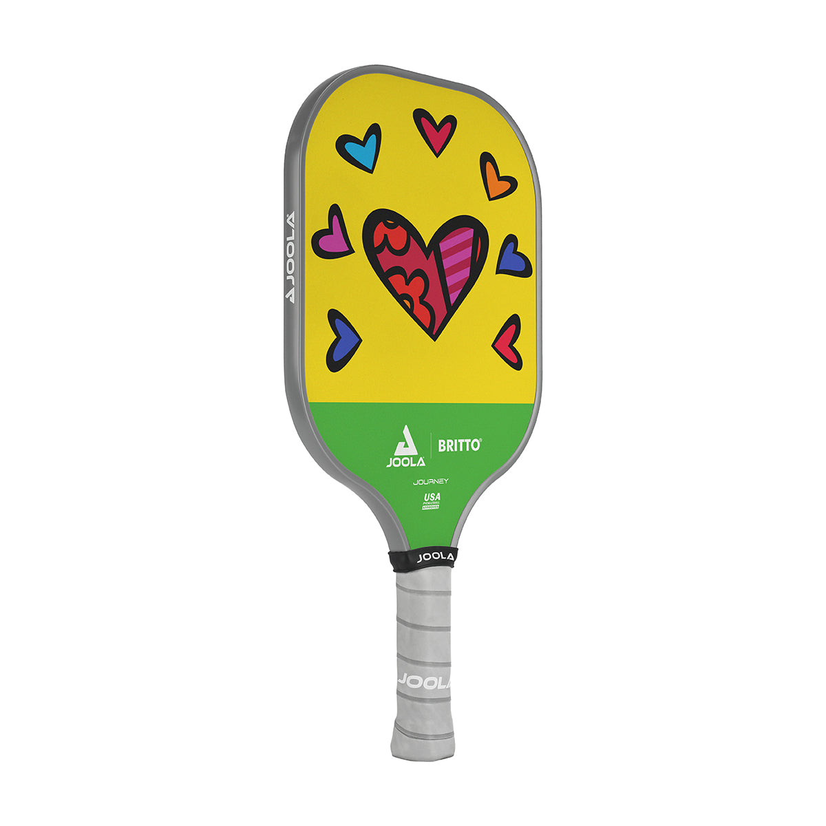 White Background Image: JOOLA x BRITTO paddle, grey handle, green and yellow paddle face with heart images.