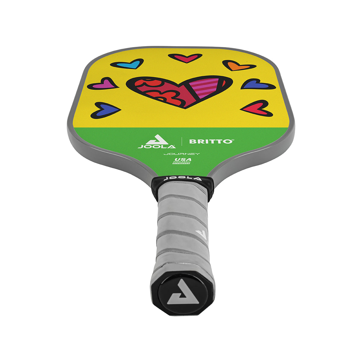 White Background Image: JOOLA x BRITTO paddle, grey handle, green and yellow paddle face with heart images.