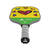 White Background Image: JOOLA x BRITTO paddle, grey handle, green and yellow paddle face with heart images.