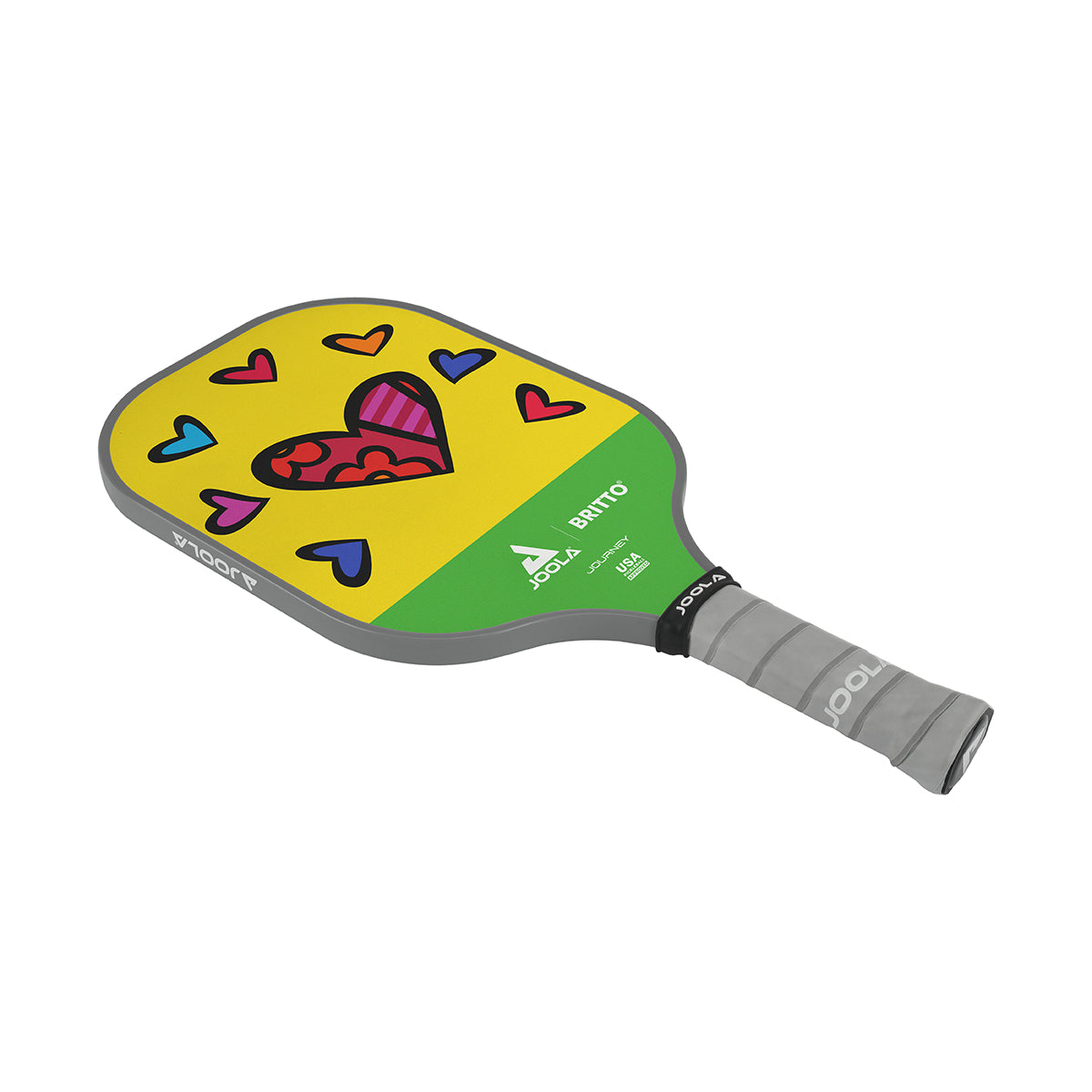 White Background Image: JOOLA x BRITTO paddle, grey handle, green and yellow paddle face with heart images.