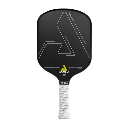 White Background Image: JOOLA Solaire CFS 14 pickleball paddle, white gripped handle, black surface.