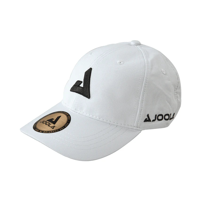 White background image of a JOOLA Trinity logo white hat with black logos.