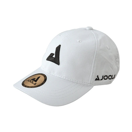 White background image of a JOOLA Trinity logo white hat with black logos.
