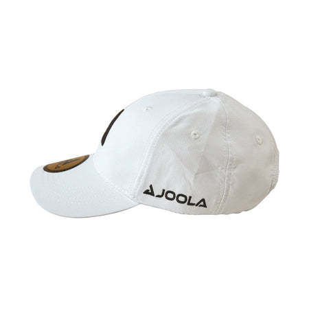 White background image showing the side of a JOOLA trinity hat, all white with black logos.