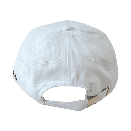 White background image showing the back of a white and black JOOLA trinity hat.
