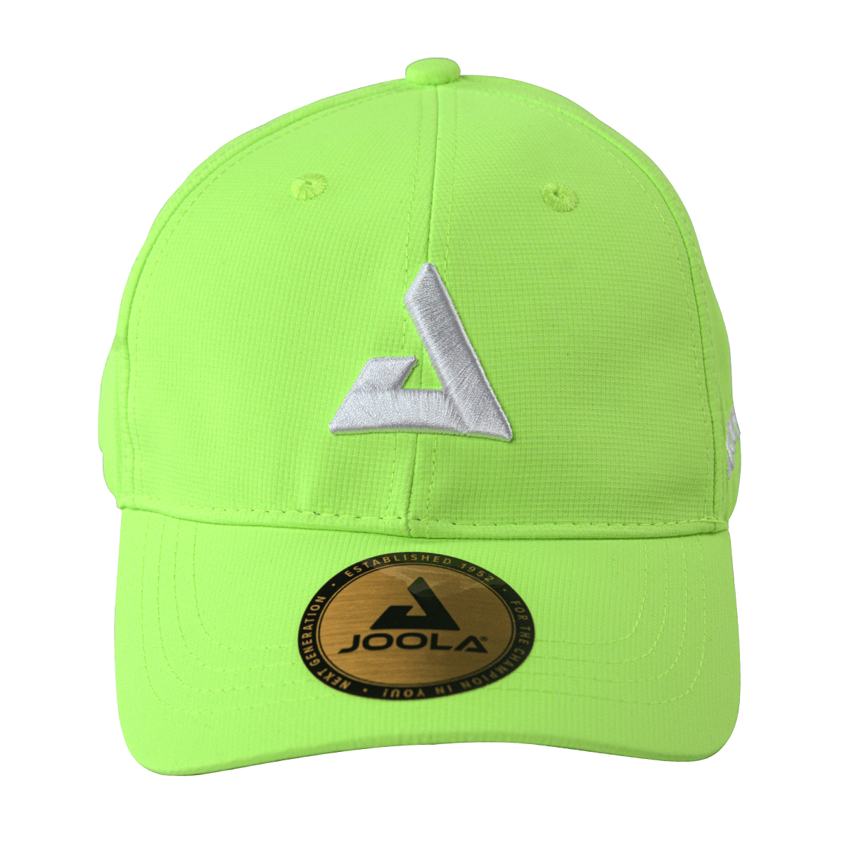 White Background Image: Straight ahead view of the neon green JOOLA trinity hat. #Neon Green