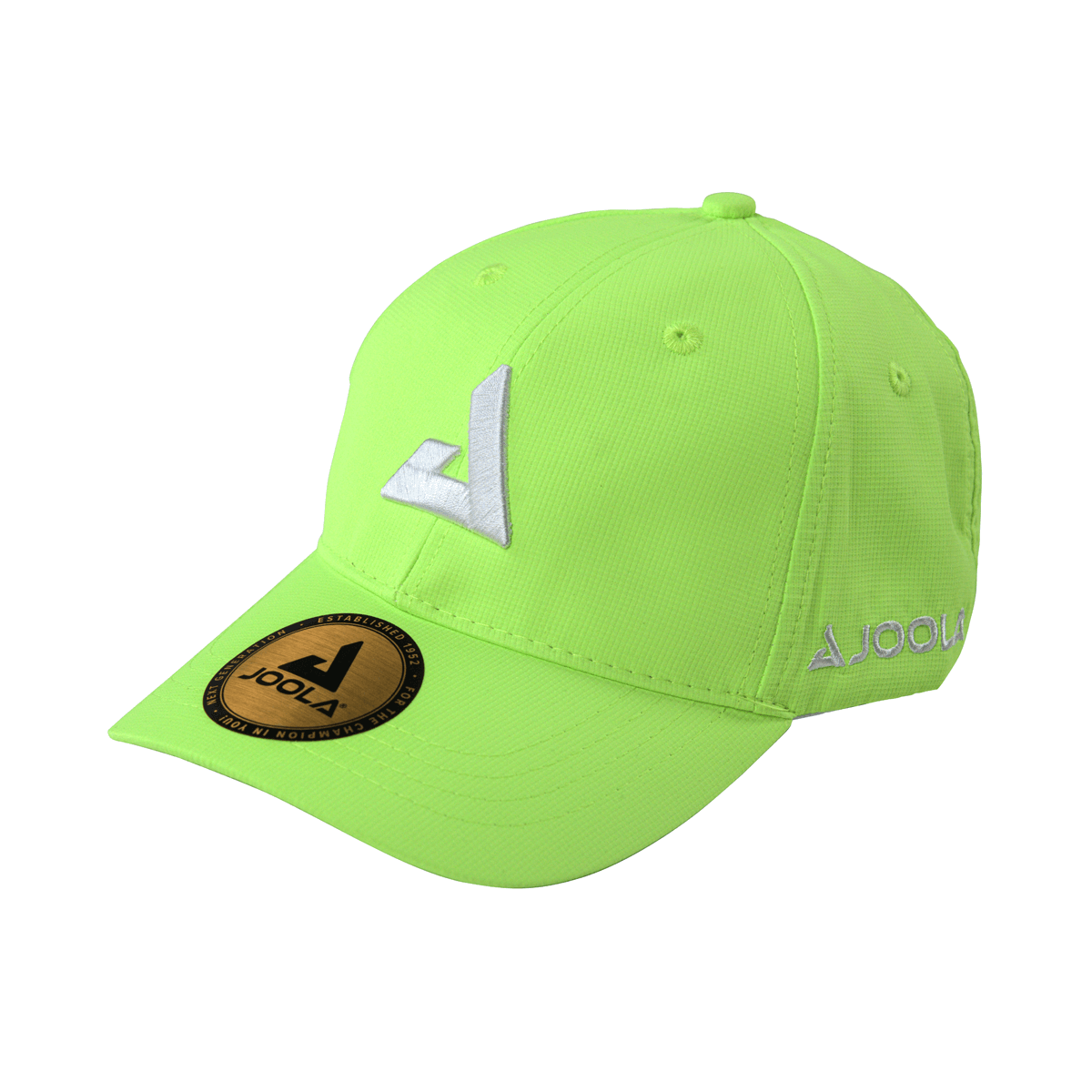 White Background Image: Angled view of the neon green JOOLA trinity hat. #Neon Green