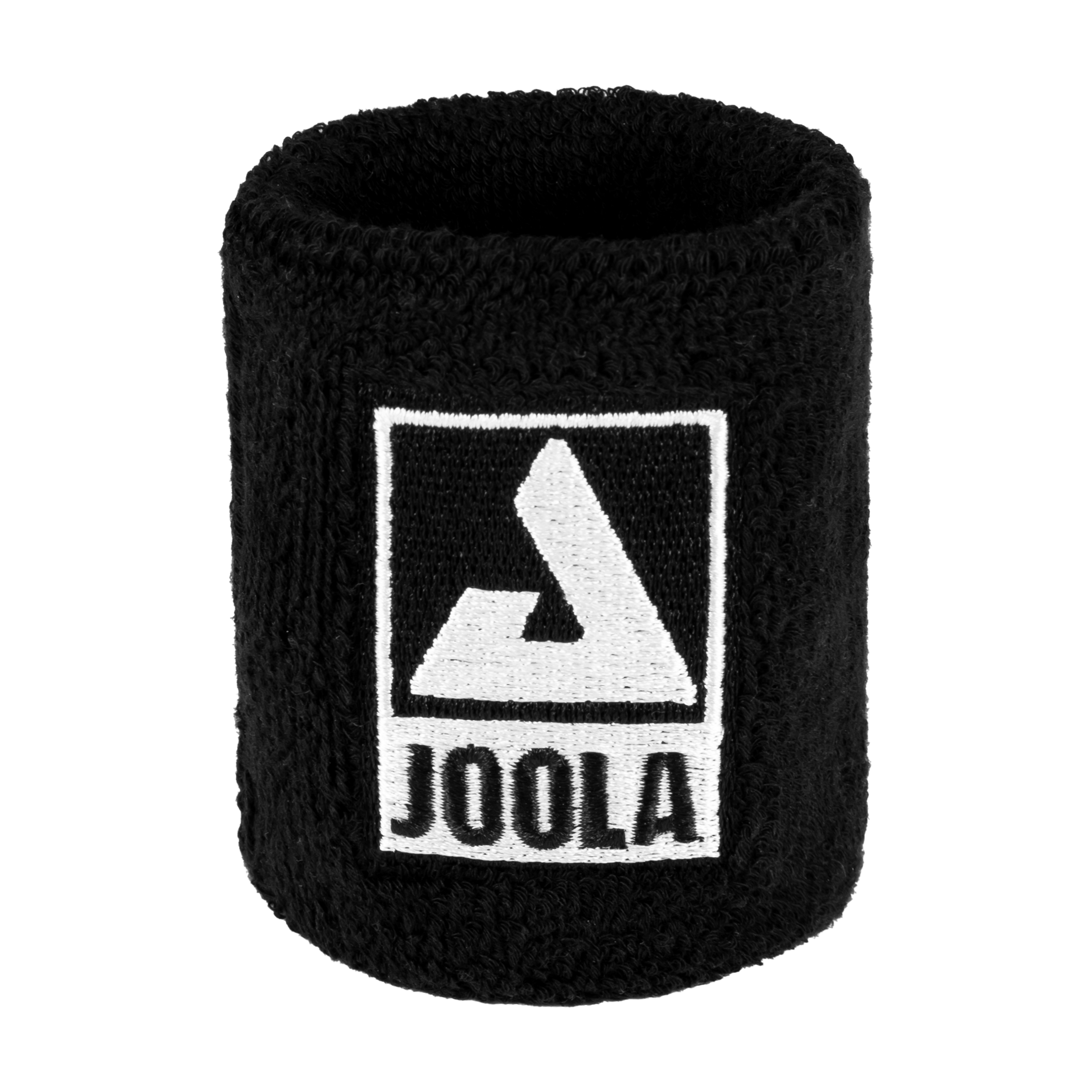 Close up product image of a black JOOLA wristband and white JOOLA logo lock up.