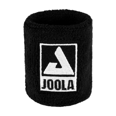 Close up product image of a black JOOLA wristband and white JOOLA logo lock up.