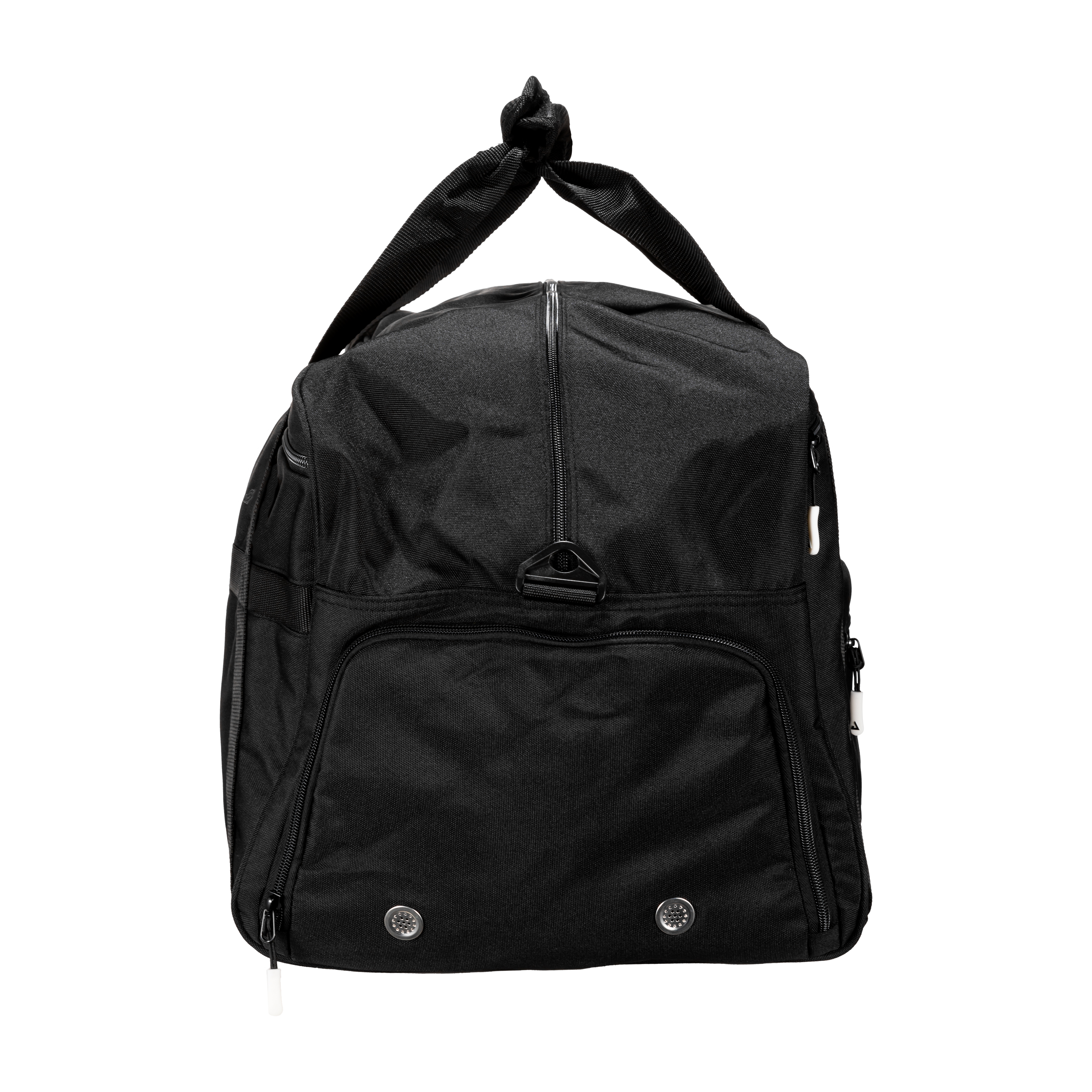 White background, product image of the side of a JOOLA x Hugo Calderano duffel bag, image shows the hidden shoe compartment in the duffel bag.