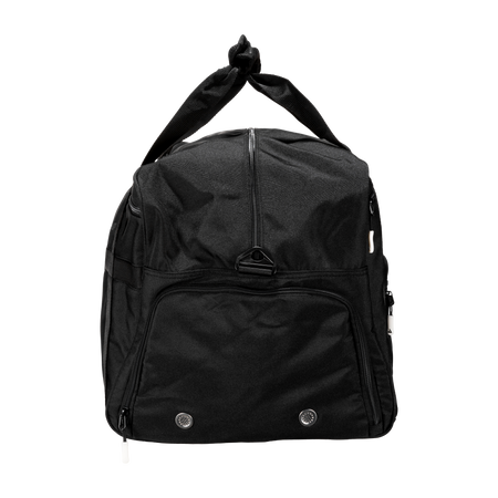White background, product image of the side of a JOOLA x Hugo Calderano duffel bag, image shows the hidden shoe compartment in the duffel bag.