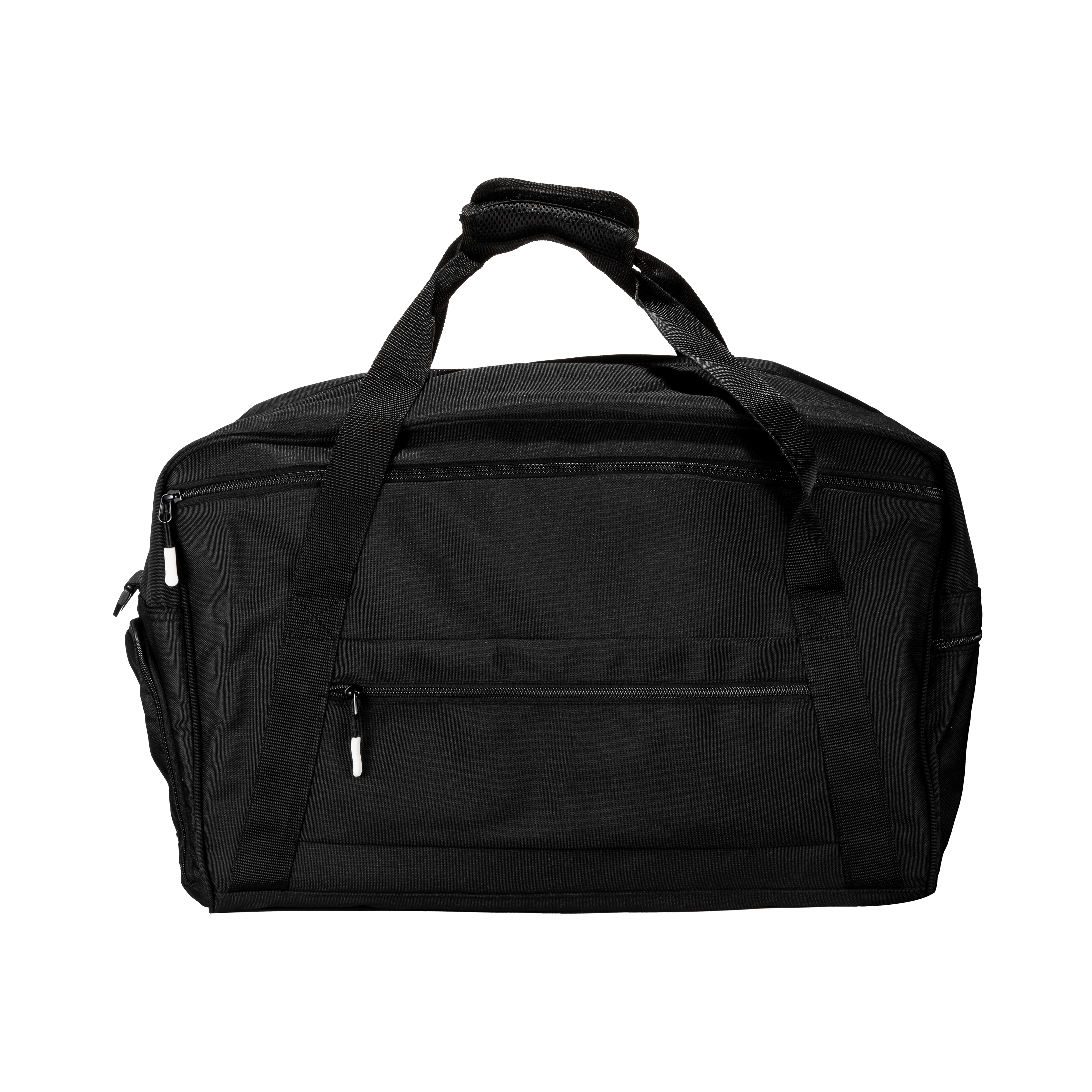 White background, product image showing a black JOOLA x Hugo Calderano table tennis duffel bag.