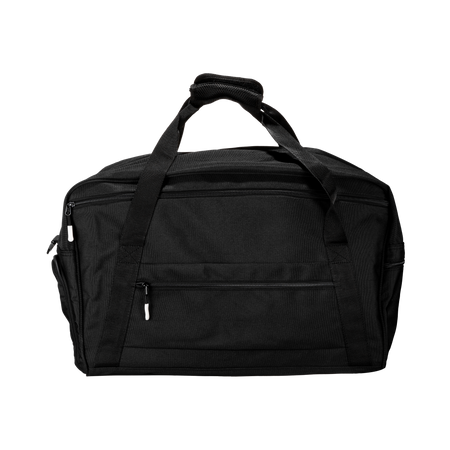 White background, product image showing a black JOOLA x Hugo Calderano table tennis duffel bag.