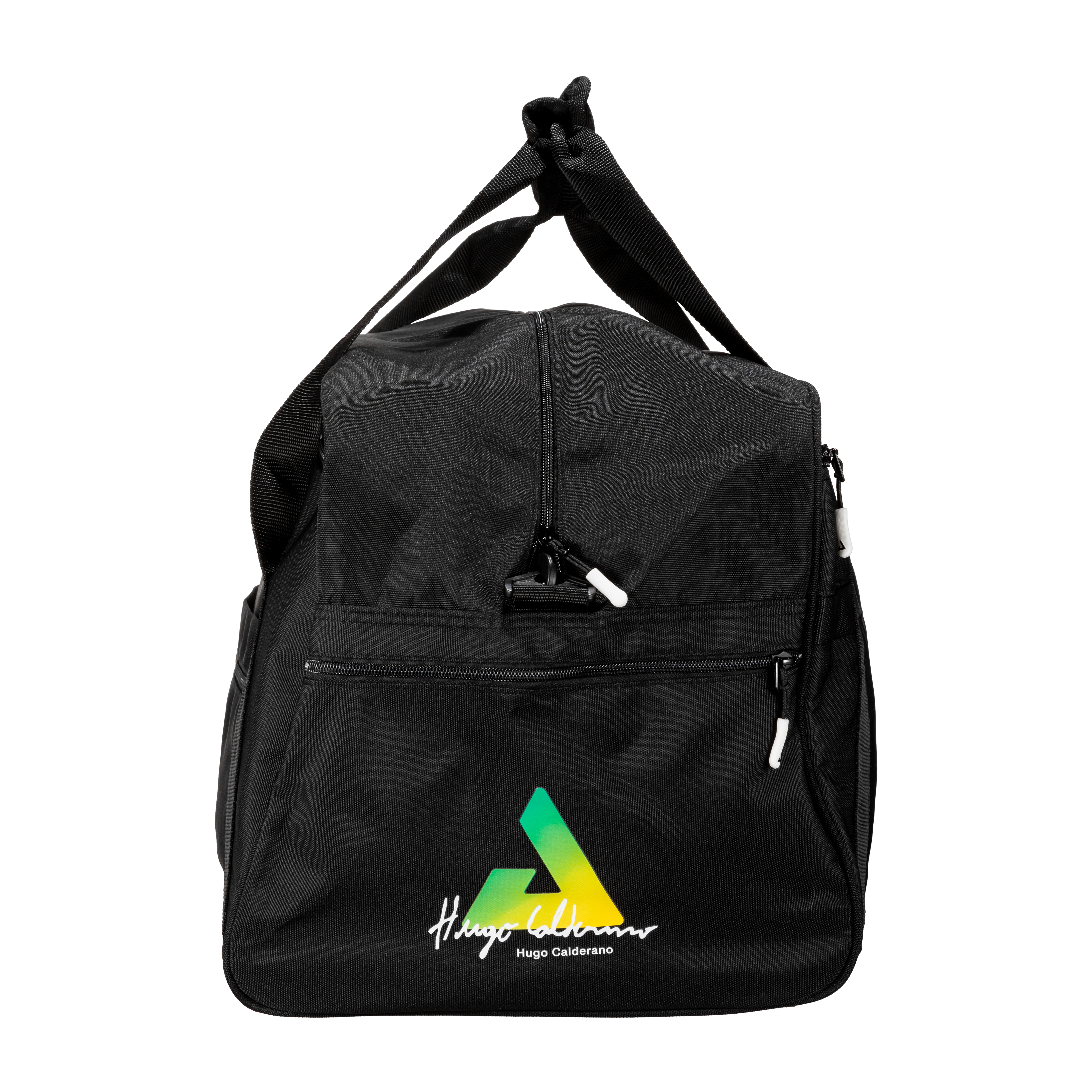 White background, product image showing the side of a JOOLA x Hugo Calderano duffel bag.