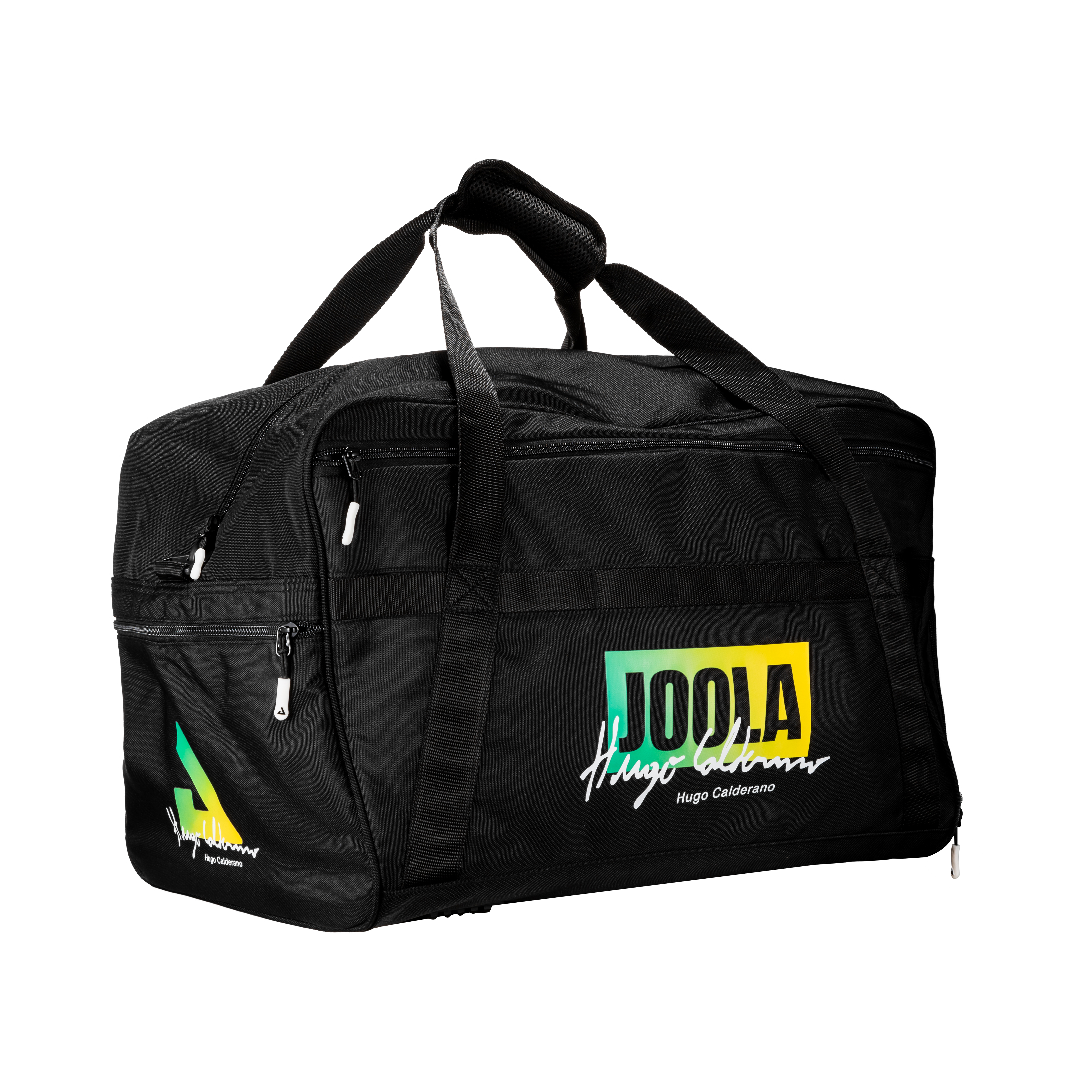 White background, angled view of a JOOLA x Hugo Calderano table tennis duffel bag.