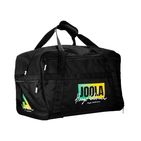 White background, angled view of a JOOLA x Hugo Calderano table tennis duffel bag.