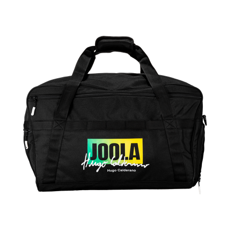 White background, side view of the JOOLA x Hugo Calderano table tennis duffel bag.