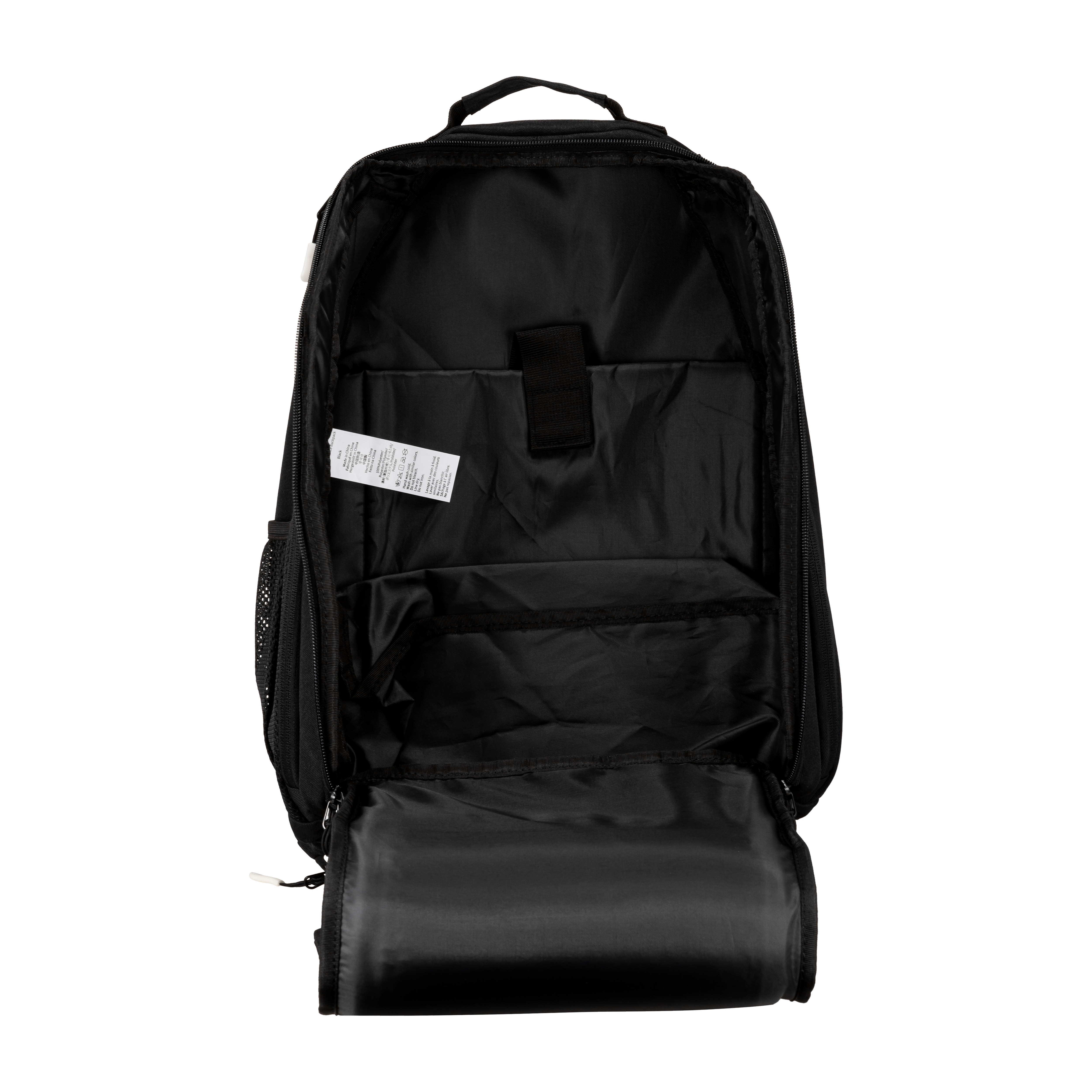 A view of the open JOOLA x Hugo Calderano deluxe back pack, black.