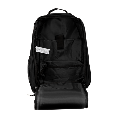 A view of the open JOOLA x Hugo Calderano deluxe back pack, black.