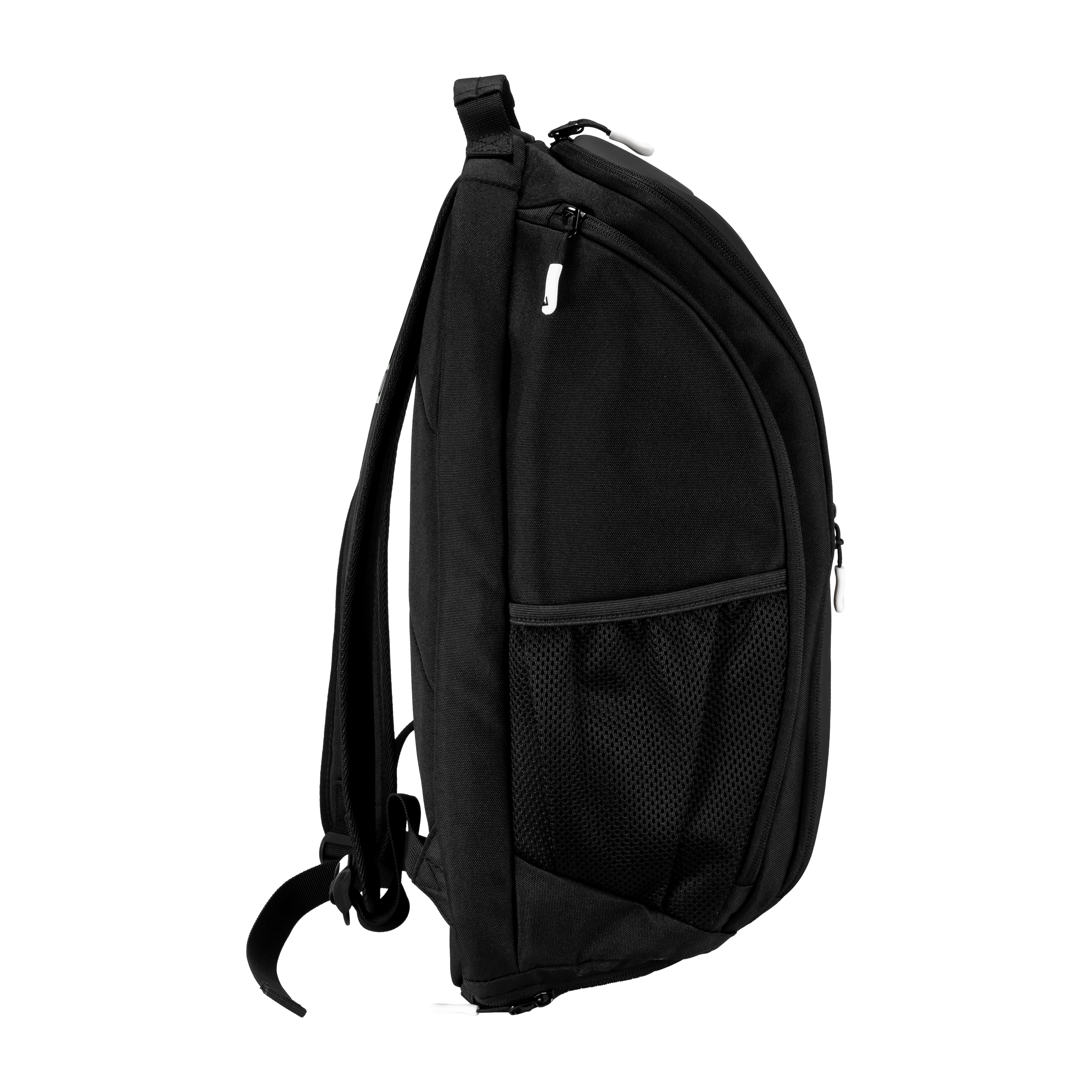 White background, side view showing the water bottle holder on the JOOLA x Hugo Calderano deluxe backpack.