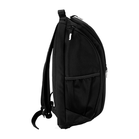 White background, side view showing the water bottle holder on the JOOLA x Hugo Calderano deluxe backpack.