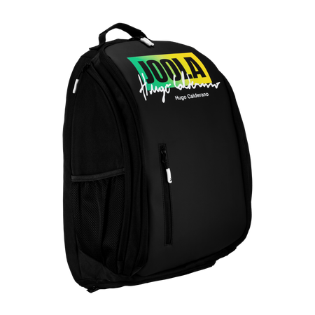White background, product image showing a black JOOLA x Hugo Calderano deluxe backpack.