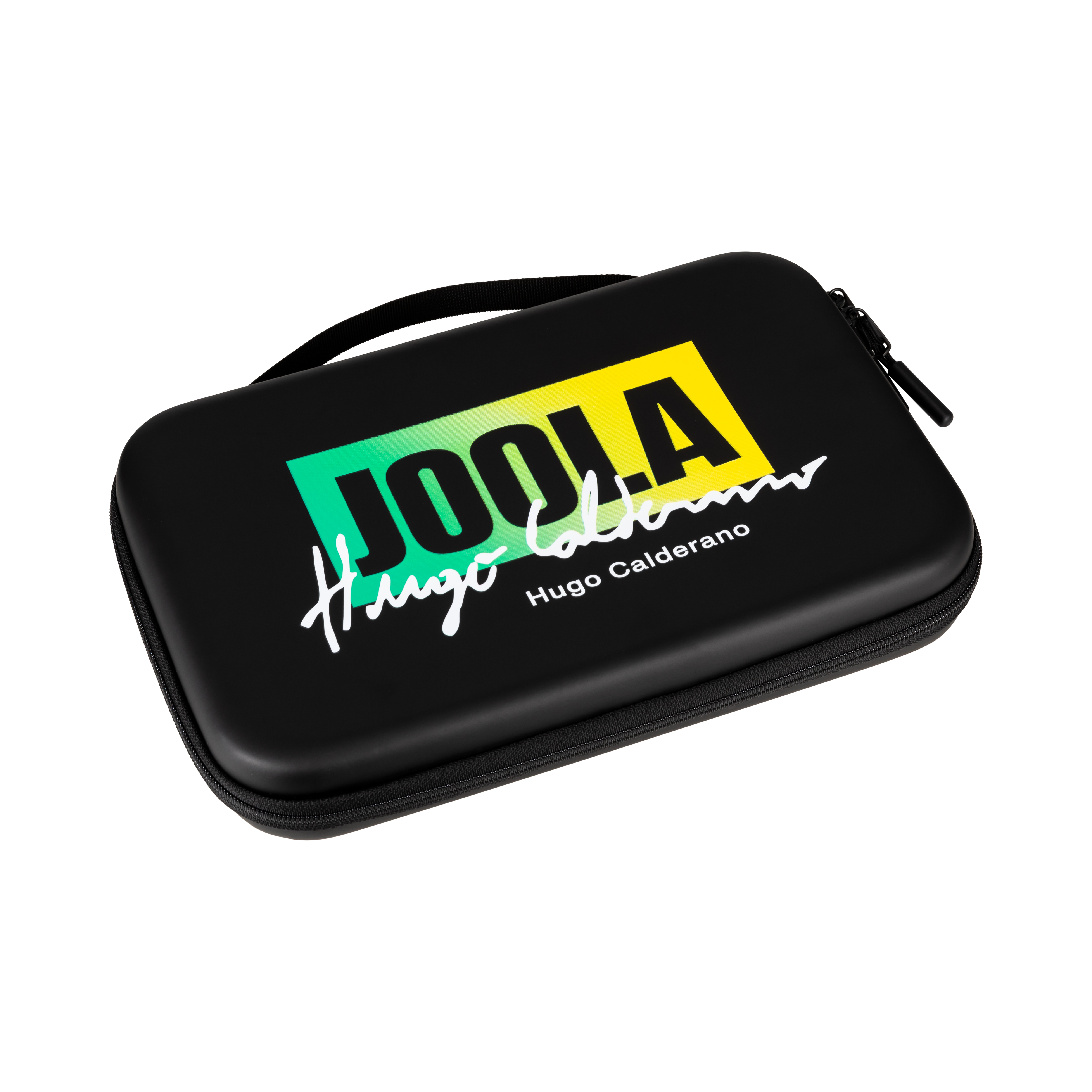 White background, product image showing a black hardcase JOOLA x Hugo Calderano table tennis racket case.