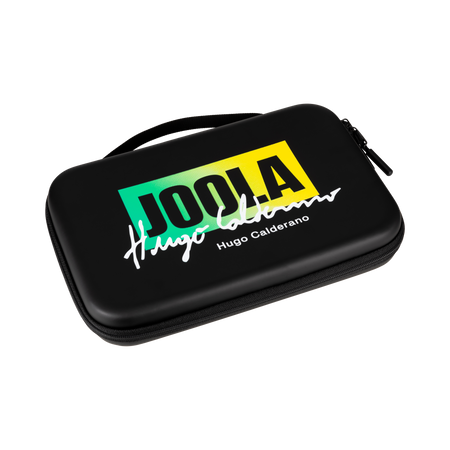 White background, product image showing a black hardcase JOOLA x Hugo Calderano table tennis racket case.