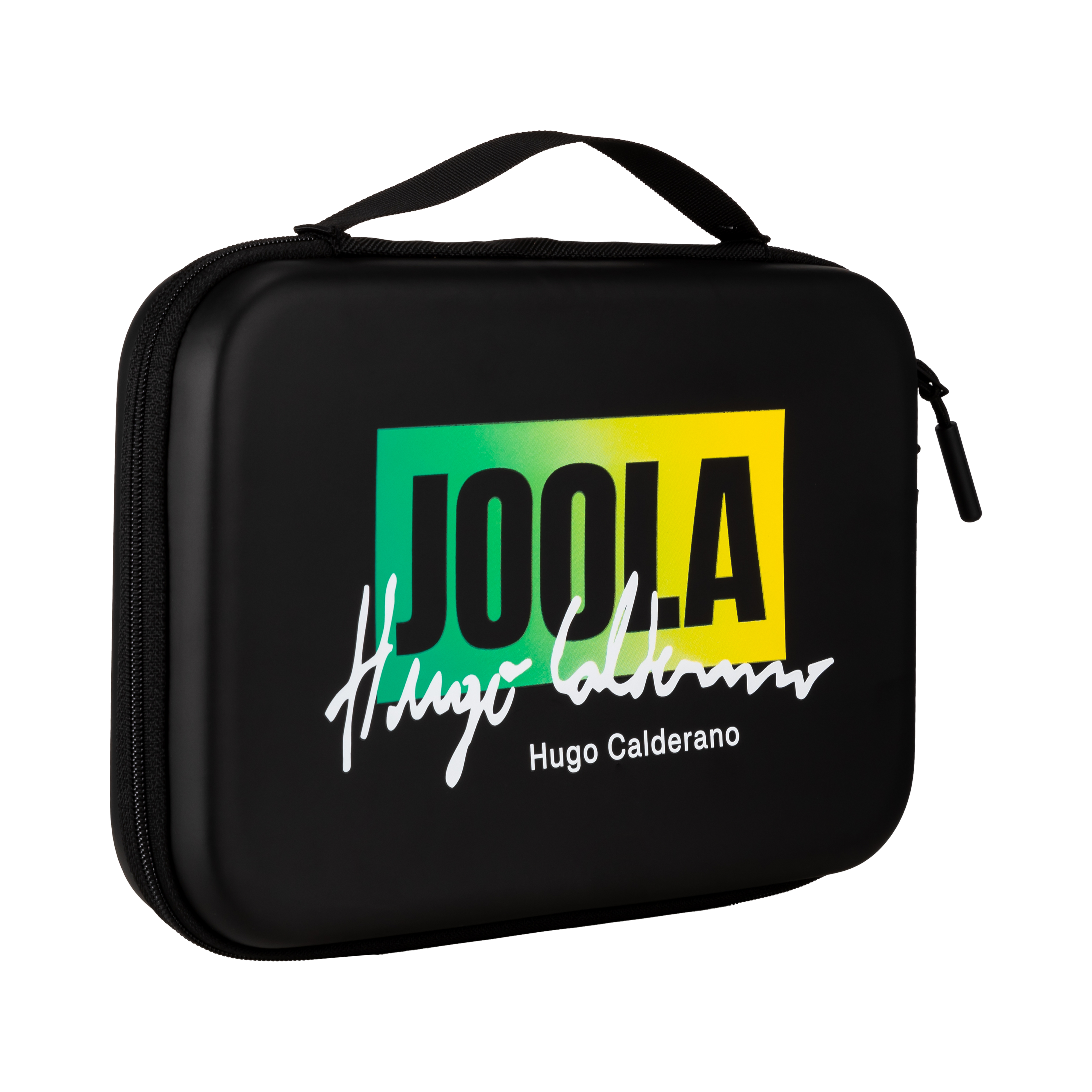 White background, product image showing a black hardcase JOOLA x Hugo Calderano table tennis racket case.
