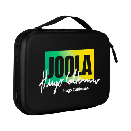 White background, product image showing a black hardcase JOOLA x Hugo Calderano table tennis racket case.